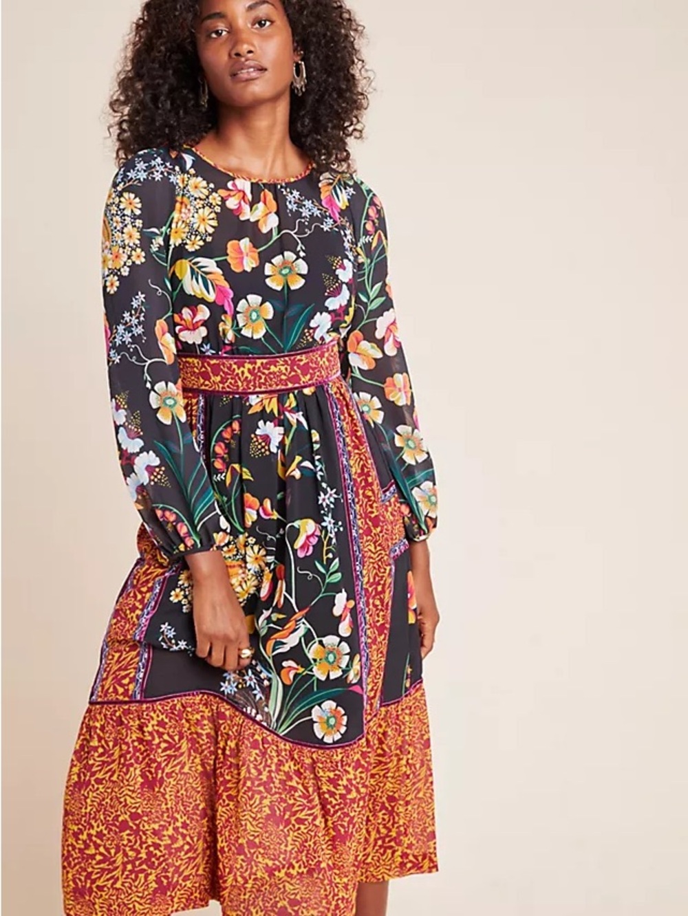 Anthropologie Adair Velvet Trimmed Floral Long-Sleeve Midi Dress Size 0 Boho